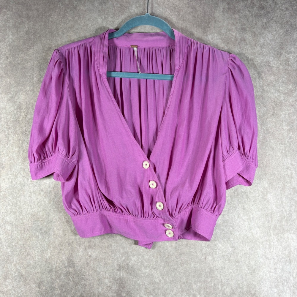 Free People Blouse Womens M Pink Magenta‎ Puff Sleeve Button Front Crop Top Boho